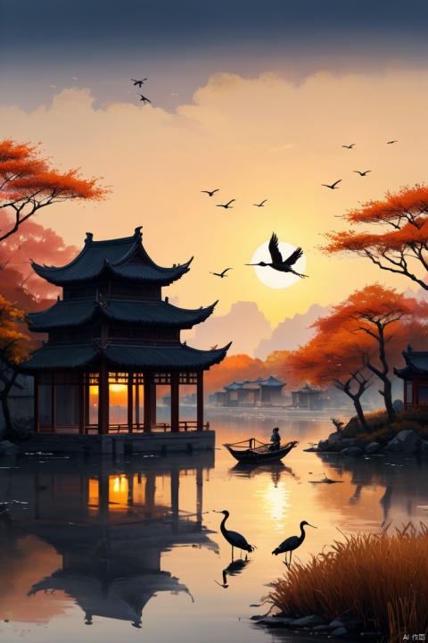 China ink painting,ink,The sunset and the solitary crane fly together,The autumn water is the same for a long time,The beauty of ancient poetry,the setting sun,Wild geese in the sky in the distance,Ancient buildings are scattered, (best quality, masterpiece, Representative work, official art, Professional, unity 8k wallpaper:1.3)
