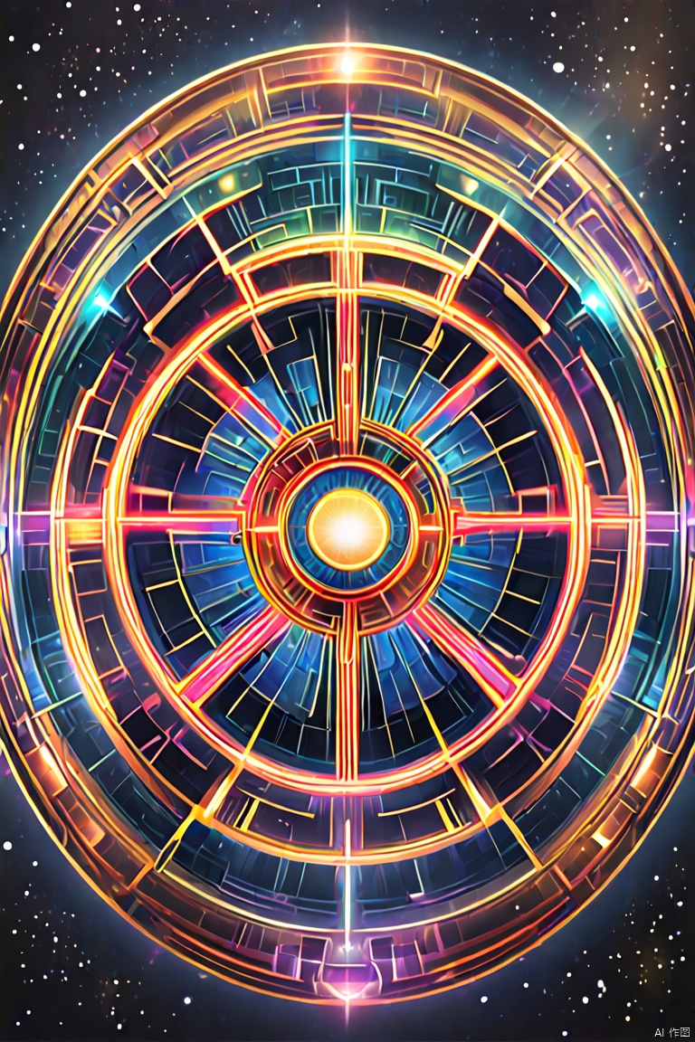 flashy and dynamic depiction, (art deco), galaxy, space fantasy, kaleidoscope, huge magic circle, pale full moon, static electricity, electric discharge, geometric pattern, irregularity, mysterious, sign of something happening, wide space at night, night sky, colorful, digital, art, background galaxy, rainbow colors neon line light, image processing with mysterious effects, panoramic, Ultra high saturation, bright and vivid colors, intricate, (best quality, masterpiece, Representative work, official art, Professional, 8k)