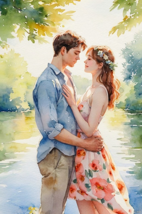 (watercolor style), the couple of summer, (soft focus), love story, (masterpiece, best quality, perfect composition, very aesthetic, absurdres, ultra-detailed, intricate details, Professional, official art, Representative work:1.3)