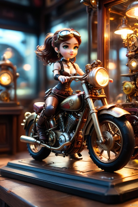 American retro miniature toy desktop, Steampunk style girl, Toy motorcycle in the glass showcase, movie lighting, Awards, ultra high definition, Pixar, anime style, HDR, UHD, (best quality, masterpiece, Representative work, official art, Professional, 8k wallpaper:1.3)