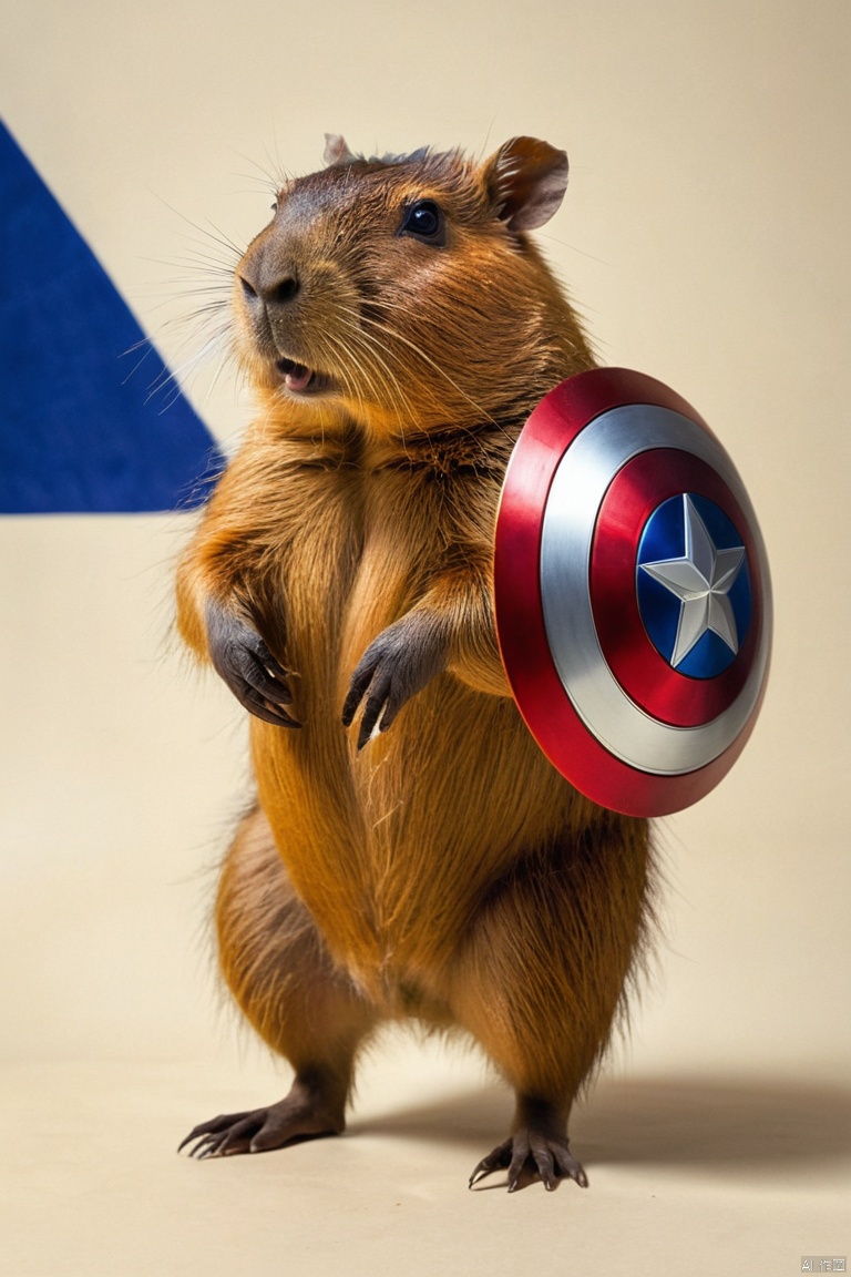  capybara, captain america, captain america outfit, captain america shield, vivid colors, medium:comic-inspired, portrait style, energetic background, superhero pose, vibrant lighting, patriotic color palette, detailed fur texture, heroic expression, confident stance, action-packed scene, dynamic composition, iconic symbol, intense shadow, powerful presence, iconic superhero, muscular physique, determined look, intense gaze, bold lines, dramatic lighting, explosive energy, energetic brushstrokes, lively atmosphere, (masterpiece, best quality, perfect composition, very aesthetic, absurdres, ultra-detailed, intricate details, Professional, official art, Representative work:1.3)