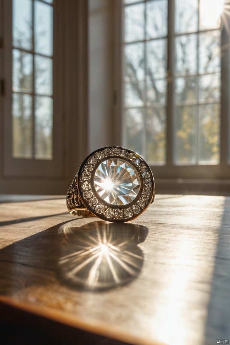 (Tyndall Effect:1.4), sunlight shining through the window, a ring on the table, (best quality, masterpiece, Representative work, official art, Professional, Ultra intricate detailed, 8k:1.3)