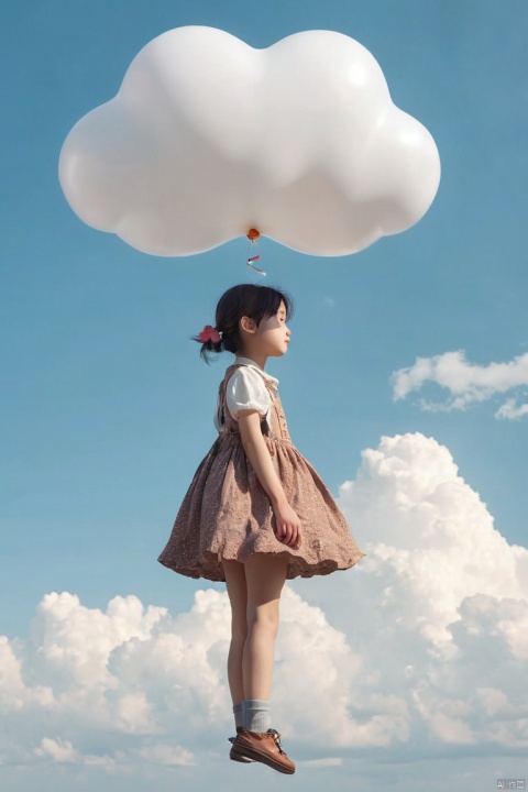 cute girl hold Cloud shaped balloon, floating high in the air, (masterpiece, best quality, perfect composition, very aesthetic, absurdres, ultra-detailed, intricate details, Professional, official art, Representative work:1.3)