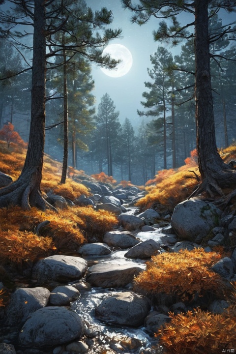 The bright moon shines between the pines, and the clear spring flows on the stones, After fresh rain in the empty mountains, the weather comes late in autumn, (masterpiece, best quality, perfect composition, very aesthetic, absurdres, ultra-detailed, intricate details, Professional, official art, Representative work:1.3)