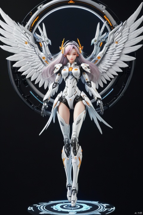 a mecha girl, silver long hair, full-body pose, mechanical wings, dynamic angle, (embroidery circle, 3d framed embroidery, macro detailed stitching, intricate fabric texture), (best quality, masterpiece, Representative work, official art, Professional, unity 8k wallpaper:1.3)