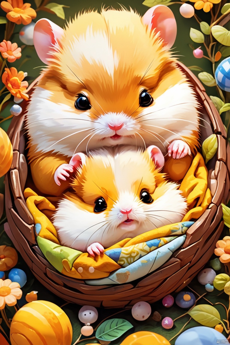 A cute example, hamster's nest, hamster's parent-child: animal: cute: Nestle: sleeping: comfortable and warm: looking happy, an example, pop music, full color, color, dimness, lighting, hamster's parent-child: sleeping in a happy dream, warm and happy nest, full color, want, fantasy, patchwork: quilt, detailed details, fluffy, Randolph Cadik style, hamster, the highest A cute hamster, Fluffy Hamster, panoramic, Ultra high saturation, bright and vivid colors, intricate, (best quality, masterpiece, Representative work, official art, Professional, 8k)