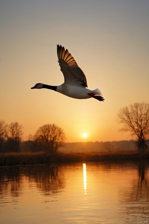 solitary goose fly with The setting sun, the autumn waters share the same hue with the boundless sky, (masterpiece, best quality, perfect composition, very aesthetic, absurdres, ultra-detailed, intricate details, Professional, official art, Representative work:1.3)
