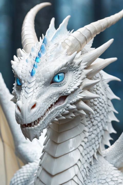 Close-up of a majestic white dragon with pearlescent, silver-edged scales, icy blue eyes, elegant ivory horns, and misty breath. Focus on detailed facial features and textured scales, set against a softly blurred background, (best quality, masterpiece, Representative work, official art, Professional, Ultra intricate detailed, 8k:1.3)