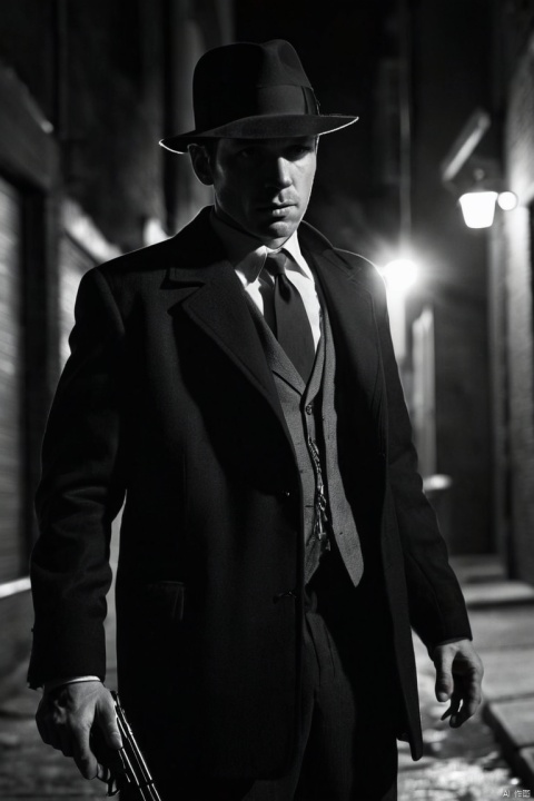 A secret agent in a dark city alley at night, (film noir, neo-noir style, shadows, lighting), (male, suit, fedora), holding a gun, searching, black and white photo, high contrast, high resolution, highly detailed, photo-realistic, (best quality, masterpiece, Representative work, official art, Professional, Ultra intricate detailed, 8k:1.3)