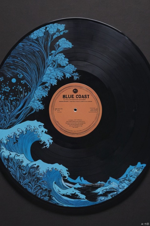 image of Blue Coast on Black vinyl record cover, cover design, package design, minimalism art, (masterpiece, best quality, perfect composition, very aesthetic, absurdres, ultra-detailed, intricate details, Professional, official art, Representative work:1.3)