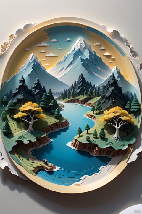 On a plate, Paper carving, Dream landscape painting, octane render, (best quality, masterpiece, Representative work, official art, Professional, 8k:1.3)