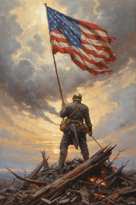 by Alex Alemany, Amidst the ashes of destruction, a flag rises, symbol of resilience and renewal, a beacon of hope in the darkest of times, (masterpiece, best quality, perfect composition, very aesthetic, absurdres, ultra-detailed, intricate details, Professional, official art, Representative work:1.3)