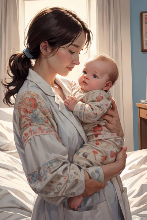 mother hold cute baby, bed, hospital, (masterpiece, best quality, perfect composition, very aesthetic, absurdres, ultra-detailed, intricate details, Professional, official art, Representative work:1.3)