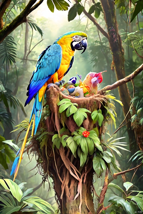 Create an image of a beautiful golden macaw's nest in a tropical rainforest. The nest should be situated high in the lush canopy of the rainforest, surrounded by vibrant green foliage, colorful flowers, and diverse plant life. The focus should be on the golden macaw, with its striking blue and yellow plumage, perched near or inside the nest. The nest itself should be large and well-constructed, made of sticks and leaves, typical of a macaw's nesting habits. The background should be a rich tapestry of the rainforest environment, with dense greenery, hanging vines, and perhaps a glimpse of the forest floor far below. The atmosphere should be lively and natural, capturing the essence of a tropical paradise. The image should also showcase the biodiversity of the rainforest, with other birds or small animals visible in the surroundings, highlighting the ecosystem in which the golden macaw thrives, panoramic, Ultra high saturation, bright and vivid colors, intricate, (best quality, masterpiece, Representative work, official art, Professional, 8k)