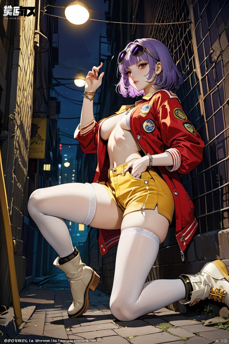 grid fence, alleyway, dark alley, outdoors, night, dim lighting, motion lines, full body, ((a girl leaning against a fence)), ((foot up on fence)), sexy 1girl, faye valentine(cowboy bebop), bubble-butt, skinny-waist, pale-skin, purple-hair, yellow-hairband, short-hair, bobcut, yellow-buttoned-shirt, yellow-shorts, white-boots, red-loose-jacket, white-stockings, aviator-sunglasses perfect face, sexy dynamic pose, seductive pose, (masterpiece, best quality, perfect composition, very aesthetic, absurdres, ultra-detailed, intricate details, Professional, official art, Representative work:1.3)