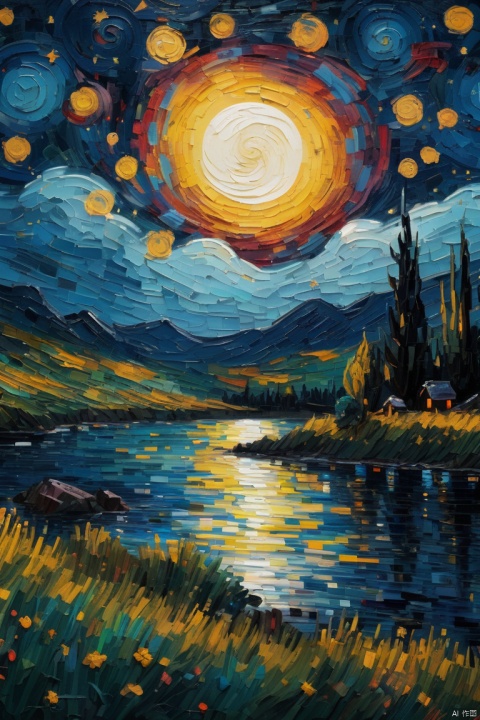 Starry Night Painting, Pixel art, Vibrant colors, Detailed brush strokes, Van Gogh's masutepiece, Enchanting skies, Swirling patterns, nocturnal scene, iconic artwork, Intricate details, dreamy ambiance, Moonlit landscape, vivid hues, expressive brushwork, bright stars, Seductive composition, evocative mood, Textured surface, enhance, intricate, (best quality, masterpiece, Representative work, official art, Professional, unity 8k wallpaper:1.3)