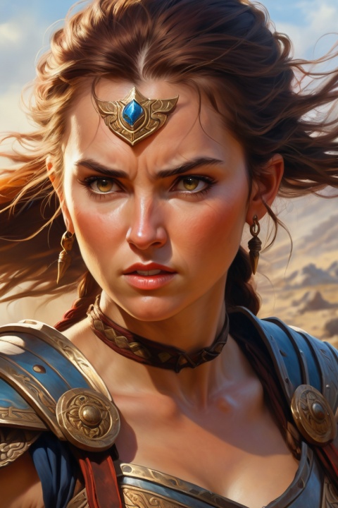 close-up of an ancient female warrior fighting on the battlefield, dungeons & dragons, fantasy art, hyper realistic oil painting, enhance, intricate, (best quality, masterpiece, Representative work, official art, Professional, unity 8k wallpaper:1.3)