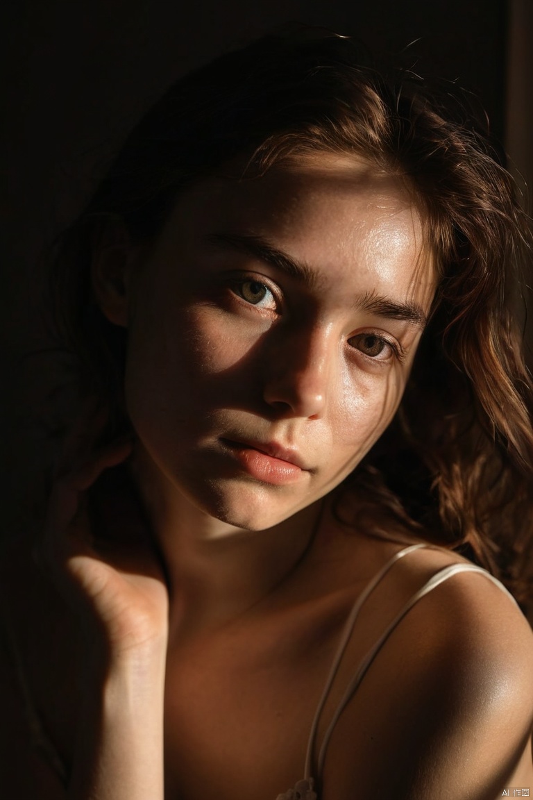 A striking portrait of a girl in a (dark room:1.2), illuminated solely by a (singular ray of sun:1.3), dramatic chiaroscuro, soft luminance on her face, deep contrasting shadows, intimate atmosphere, serene expression, Canon EOS R5, 1/250s, f/2.2, ISO 800, subtle texture details, nuanced skin tones, emotional depth, minimalist composition, timeless elegance, captivating simplicity, profound silence, masterful use of natural light, (masterpiece, best quality, perfect composition, very aesthetic, absurdres, ultra-detailed, intricate details, Professional, official art, Representative work:1.3)