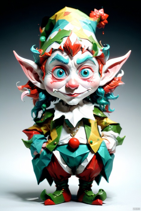 Origami Paper Cute Elf by Adam Johns, bold structural design, Rich in color , cosmic clown style, Brushes, exaggerated facial features, Leprechaun academia, Exquisite sculptures, red and and aquamarine, Mori Department, octane render, (best quality, masterpiece, Representative work, official art, Professional, 8k:1.3)