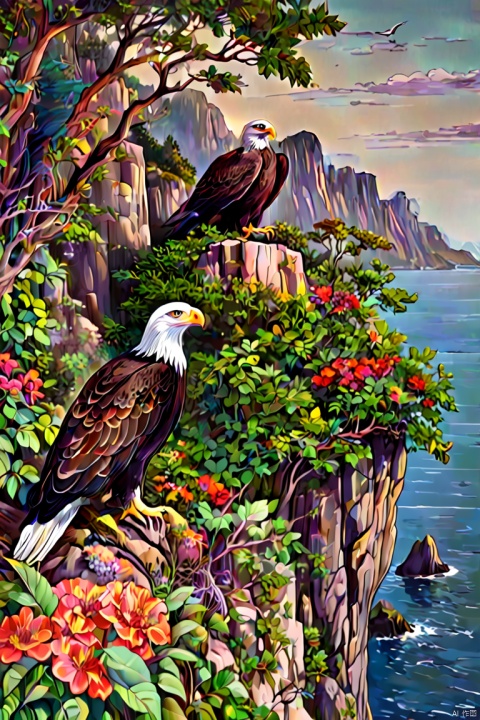 Sophisticated and beautiful nest,Cliffs by the sea, eagle,branches,green leaves,Colorful flowers and diverse plants, sharpie illustration, Bold lines and solid colors, panoramic, Ultra high saturation, bright and vivid colors, intricate, (best quality, masterpiece, Representative work, official art, Professional, 8k)