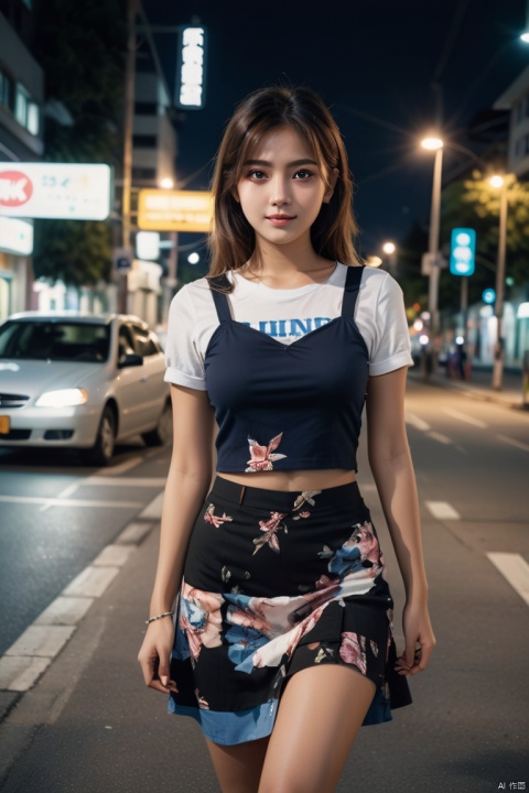 35mm photo of female college student at crossroads, by Rinotuna, summer night, happy, fashionable clothing, short skirts, youth, beauty, (High detail, photograph, realistic), (best quality, masterpiece, Representative work, official art, Professional, 8k:1.3)