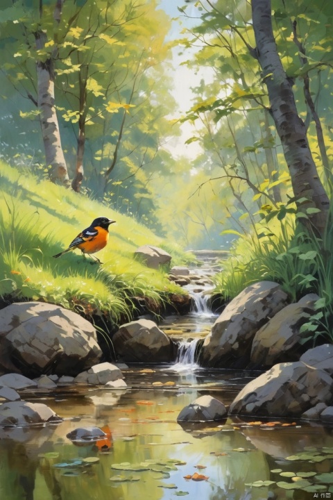 Alone by the edge of the secluded grass stream, there are deep trees chirping with orioles above, (masterpiece, best quality, perfect composition, very aesthetic, absurdres, ultra-detailed, intricate details, Professional, official art, Representative work:1.3)