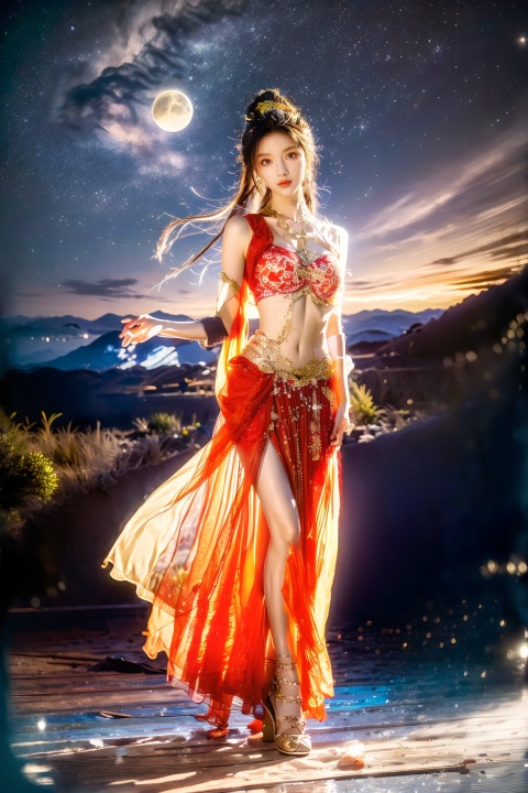 dunhuang, sheer dress, glint sparkle, 1girl, sexy, erotic_pose, sensual_pose, flirting, (masterpiece, best quality, official art, beautiful and aesthetic, photorealistic:1.3), far_moon, starry_sky, meteor shower, (wind blowing:1.3), flower blooming, flower garden, vivid colors, High-Heels, short skirts, solo, extremely detailed, CG unity 8k wallpaper, (Nikon AF-S NIKKOR 35mm f/1.4G)