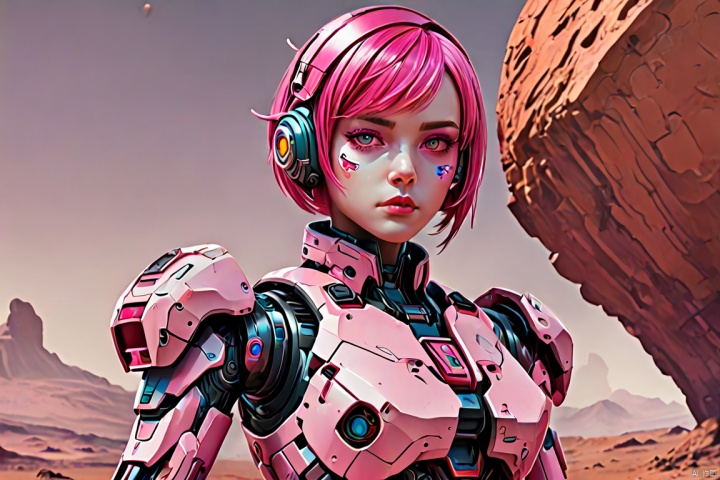 a girl body painted on Mars Base, mecha girl, Pink parted short hair, pink eyes, full-body pose, panoramic, Ultra high saturation, bright and vivid colors, intricate, (best quality, masterpiece, Representative work, official art, Professional, 8k)