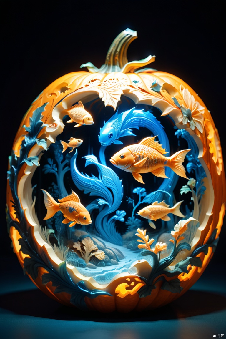 Pumpkin carving, Cutting art, cutting work, Blue light lantern made from cut pumpkin, intricate tropical fish carvings, 3D carving, pumpkin color, octane render, enhance, intricate, HDR, UHD, Relief style, (best quality, masterpiece, Representative work, official art, Professional, 8k wallpaper:1.3)