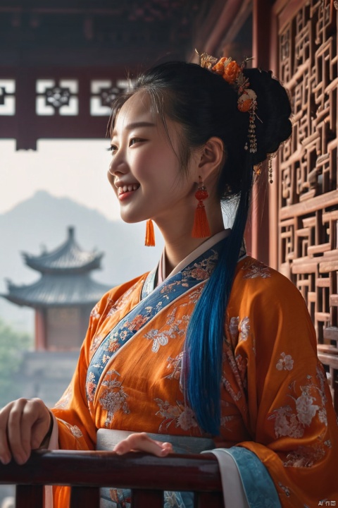 RAW photo, (realistic, photo-realistic:1.3), extremely delicate and beautiful, Amazing, finely detail, masterpiece, ultra-detailed, highres,(best illustration), (best shadow),intricate,stunning skin details, many beautiful girls stand on the balcony of an ancient chinese house, (laughing), in the style of photographically detailed portraitures, 32k uhd, larme kei, fine art photography, romantic depictions of historical events, exquisite clothing detail, fantasy settings, sharp focus, volumetric fog, 8k UHD, DSLR, film grain, Fujifilm XT3, (blue and orange tone impression), (masterpiece, best quality, perfect composition, very aesthetic, absurdres, ultra-detailed, intricate details, Professional, official art, Representative work:1.3)