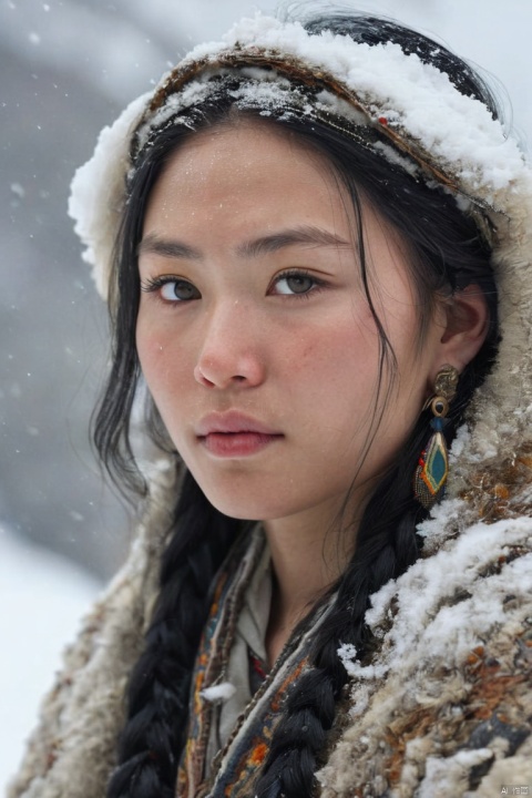 Hiding in a snowy mountain, hair fluttering, Shining fair skin with ultra-high resolution, most detailed face, ultra-high resolution hair, (ultra-high resolution bright pupils), exquisite face with lifelike details, ancient Inuit clothing, tattoos, The ancient ruins in the background, giant eagle, (masterpiece, best quality, perfect composition, very aesthetic, absurdres, ultra-detailed, intricate details, Professional, official art, Representative work:1.3)