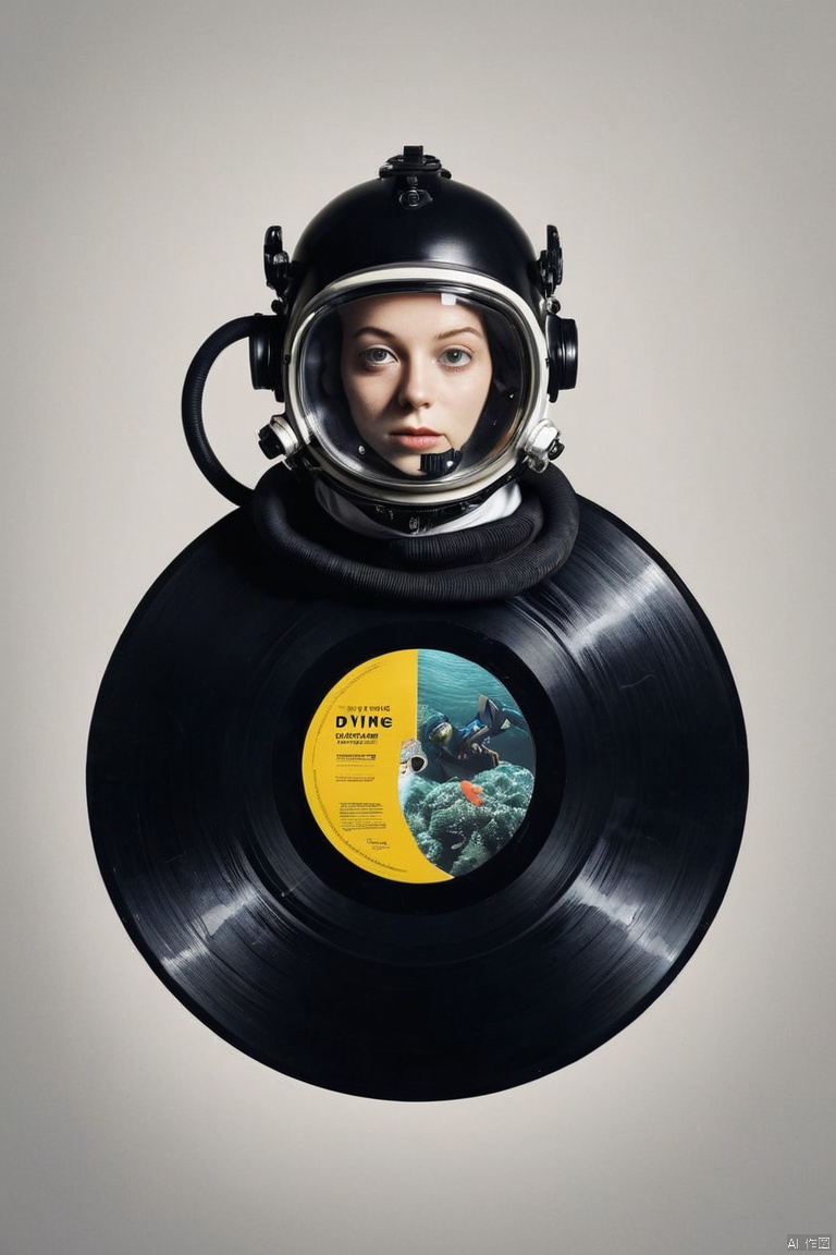  image of Diving suit girl underwater on Black vinyl record, cover design, package design, minimalism art, (masterpiece, best quality, perfect composition, very aesthetic, absurdres, ultra-detailed, intricate details, Professional, official art, Representative work:1.3)