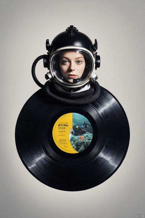 image of Diving suit girl underwater on Black vinyl record, cover design, package design, minimalism art, (masterpiece, best quality, perfect composition, very aesthetic, absurdres, ultra-detailed, intricate details, Professional, official art, Representative work:1.3)