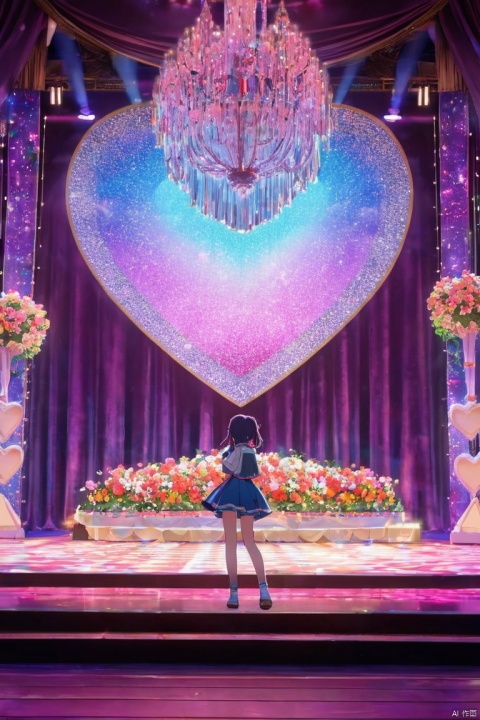 (Vision),1girl, concert,audience, (Idol stage),Neon,Colorful,vase,Flowers,curtain,crystal Light,Heart shaped stage curtain and benches,Ballroom Background,Stage Background,chandelier,Anime Background Art Style Anime,Kingdom of Light Background,dazzling stage,Stadium Background,Colorful anime background,Stunning and mysterious,Lolish,light,Colorful,light, (masterpiece, best quality, perfect composition, very aesthetic, absurdres, ultra-detailed, intricate details, Professional, official art, Representative work:1.3)