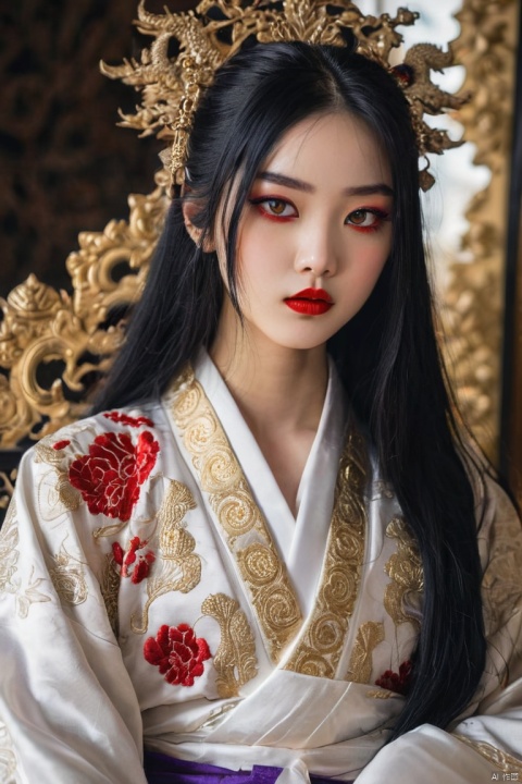 yandere girl,crazy purple eyes,red lipstick,pure white skin,long black hair,golden silk embroidered robe,dragon throne,palace background,luxurious decor,obsession,innocence,exquisite details,dramatic lighting,regal colors, (masterpiece, best quality, perfect composition, very aesthetic, absurdres, ultra-detailed, intricate details, Professional, official art, Representative work:1.3)