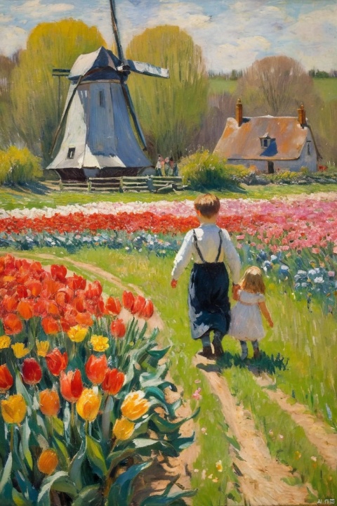 Claude Monet Style, 1boy and 1girl in a field of tulips , in the distance a windmill , Inspired by Claude Monet, Pierre-Auguste Renoir, Édouard Manet, Camille Pissarro, Alfred Sisley, Berthe Morisot, Gustave Caillebotte, Mary Cassatt, Armand Guillaumin, Edgar Degas. impressionism oil on canvas hyperdetailed 8K 3D 8k resolution, (masterpiece, best quality, perfect composition, very aesthetic, absurdres, ultra-detailed, intricate details, Professional, official art, Representative work:1.3)