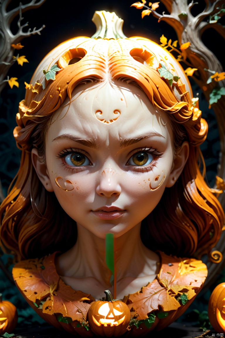 Pumpkin carving, Sculpture of a girl face, complex magic circle, 3D carving, pumpkin color, octane render, enhance, intricate, HDR, UHD, Relief style, (best quality, masterpiece, Representative work, official art, Professional, 8k wallpaper:1.3)