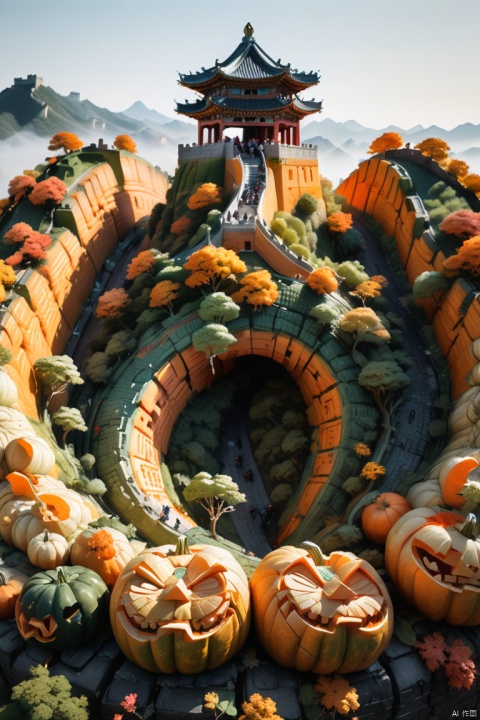 double exposure, the Great Wall, Pumpkin Carving by Katsuhiro Otomo, hyperdetailed, natural lighting, magnificent, stunning, octane render, (best quality, masterpiece, Representative work, official art, Professional, 8k:1.3), watermeloncarving
