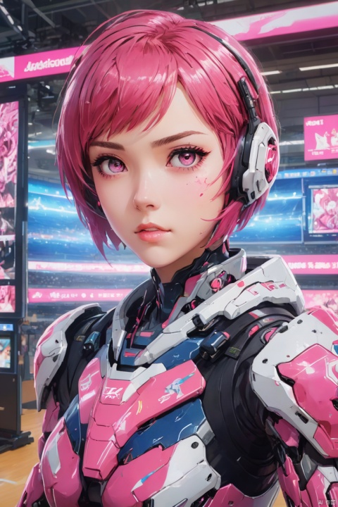 a mecha girl painted on tv screen, Pink parted short hair, pink eyes, Rugby gymnasium, billboard, panoramic, Ultra high saturation, bright and vivid colors, intricate, (best quality, masterpiece, Representative work, official art, Professional, 8k)