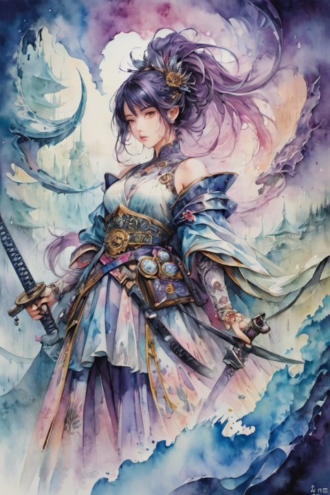 watercolor artwork, ancient dreamscape, arcane samurai, fantasy art, surreal, ethereal, mystical haze, stunning watercolor painting on canvas, (best quality, masterpiece, Representative work, official art, Professional, Ultra intricate detailed, 8k:1.3)