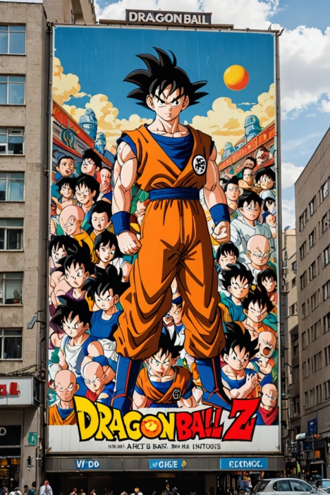on the billboard in the city's cinema, a large poster of the movie with the name "Dragon Ball", in the background a crowd of people on the streets of a city, (art deco), 70's, (best quality, perfect masterpiece, Representative work, official art, Professional, high details, Ultra intricate detailed:1.3)