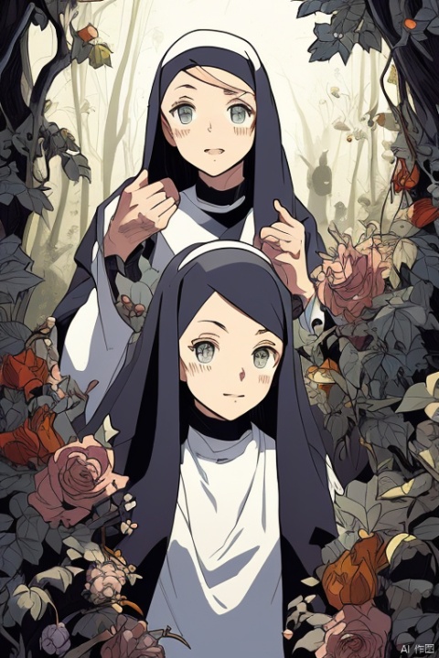 Nun, church, anime realistic, expressive eyes,detailed hair,wavy hair,shading techniques,dynamic poses,action scenes,fantasy world,magical elements,strong emotions,vibrant characters,light and shadow contrast,elegant composition,beautiful artistry,stylized characters,nostalgic atmosphere,contrast in values,precise linework,depth and perspective,lively facial expressions,unique character designs,captivating storytelling, (masterpiece, best quality, perfect composition, very aesthetic, absurdres, ultra-detailed, intricate details, Professional, official art, Representative work:1.3), mj