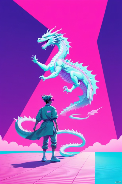 a dragon wearing Vaporwave aesthetic clothes, Model steps on stage, Pixar style, Vector illustration, Minimalism, vaporwave art, vaporwave nostalgia, vaporwave cartoon, (best quality, masterpiece, Representative work, official art, Professional, 8k)