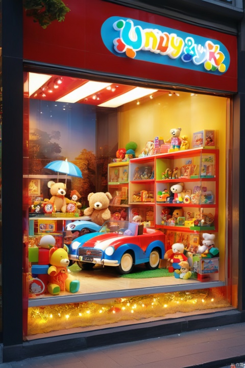 colorful toy store window display、Vibrant toys and decorative elements、beautifully arranged、doll、teddy bear、car、building blocks etc.、Made of all high quality materials、The toys are carefully posed to create attractive and captivating scenes, With soft and warm lighting that illuminates the display, (best quality, masterpiece, Representative work, official art, Professional, unity 8k wallpaper:1.3)