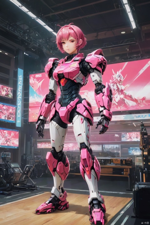 a mecha girl painted on stage screen, Pink parted short hair, pink eyes, full-body pose, (background is Rugby gymnasium), ad screen, ad tv, billboard, panoramic, Ultra high saturation, bright and vivid colors, intricate, (best quality, masterpiece, Representative work, official art, Professional, 8k)