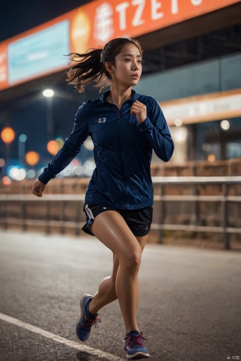 girl,whole body,Night running,bold composition,Motion Blur,detailed,Bokeh, (masterpiece, best quality, perfect composition, very aesthetic, absurdres, ultra-detailed, intricate details, Professional, official art, Representative work:1.3)