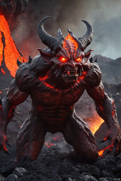 A visually stunning, high-quality 3D render of a mythical lava demon emerging from the depths of the earth. The demon, with a powerful and menacing presence, has fiery red skin and a fearsome visage, with glowing eyes and sharp horns. It stands amidst a volcanic landscape, with bursts of lava and smoke surrounding it. The overall atmosphere is intense, with a cinematic feel, as if this creature has just been unleashed to wreak untold horror. The style of the art is a blend of realistic and anime, with attention to detail and dramatic lighting, anime, 3d render, cinematic, illustration, (masterpiece, best quality, perfect composition, very aesthetic, absurdres, ultra-detailed, intricate details, Professional, official art, Representative work:1.3)