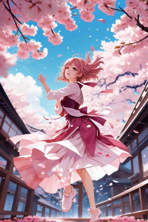 rich and colorful anime art, romantic illustration, fallen sakura, sakura in the air, dancing sakura, floating sakura, enhance, intricate, (best quality, masterpiece, Representative work, official art, Professional, unity 8k wallpaper:1.3)