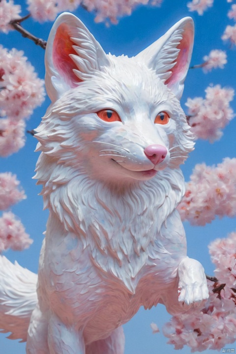 floating white fox figure made of sakura cherry blossom leaf, in the sky, colorful and vibrant, mystical colors, contemporary impressionism, by james jean, yanjun cheng portrait painting, iridescent painting, 3/4 perspective view, cute face, low angle, sweeping circling composition, UHD, HDR, (best quality, masterpiece, Representative work, official art, Professional, Ultra intricate detailed, 8k:1.3)