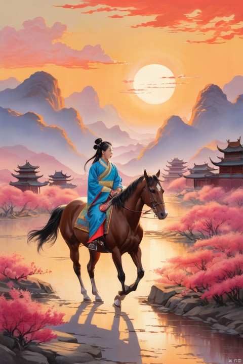 Ancient chinese path, western wind, and a lean horse roam. The sun sets in the west, painting the sky with a rosy chrome, (masterpiece, best quality, perfect composition, very aesthetic, absurdres, ultra-detailed, intricate details, Professional, official art, Representative work:1.3)